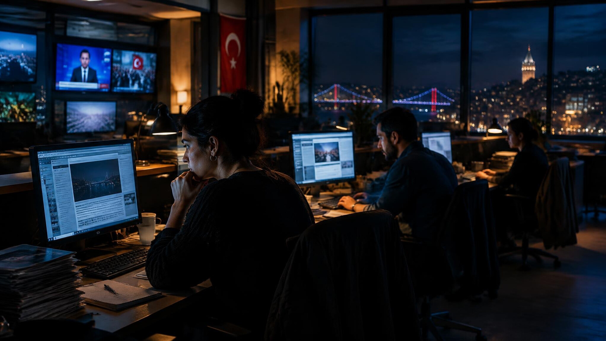 Editors working late at night in a dimly lit newsroom