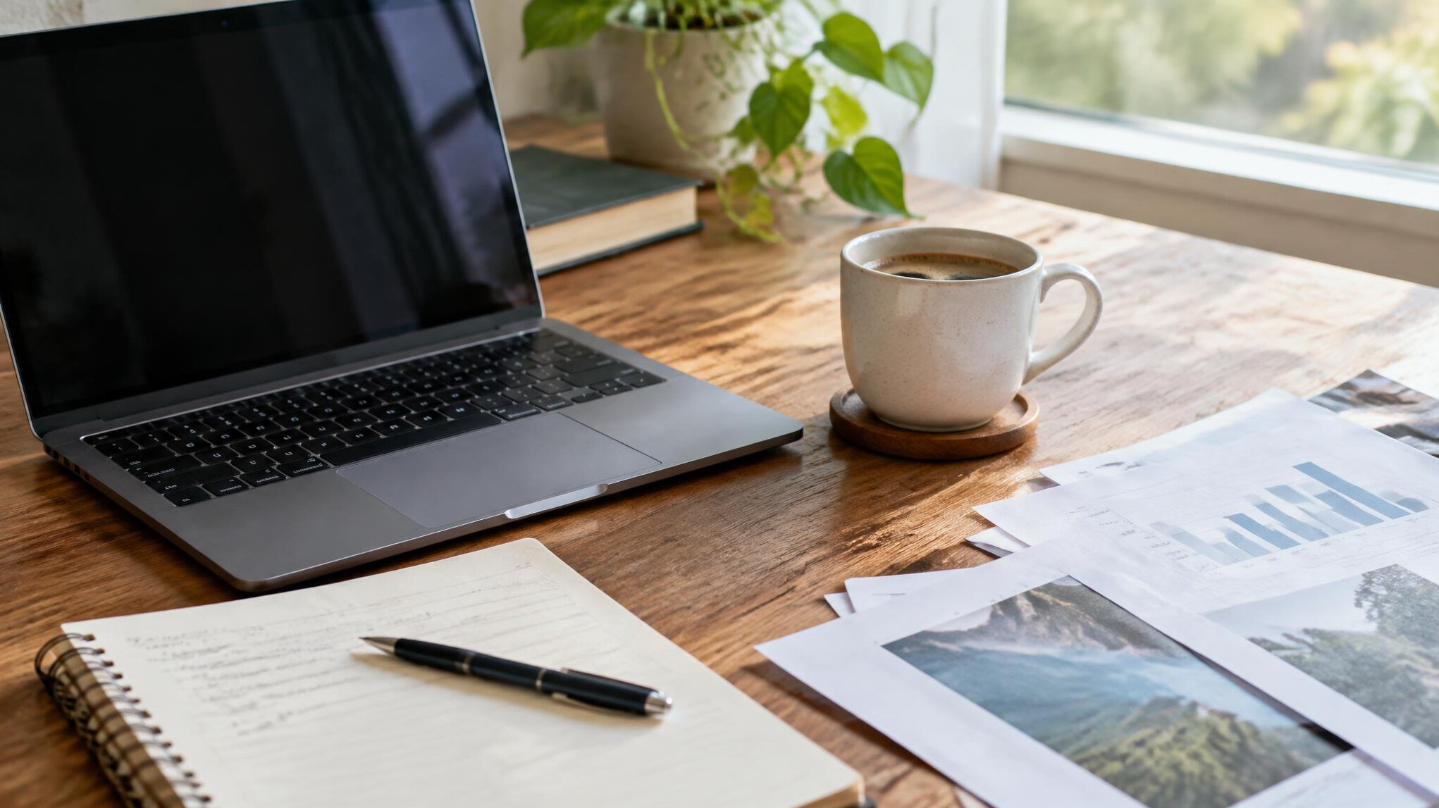 Journalist reviewing documents at a desk with a laptop and coffee