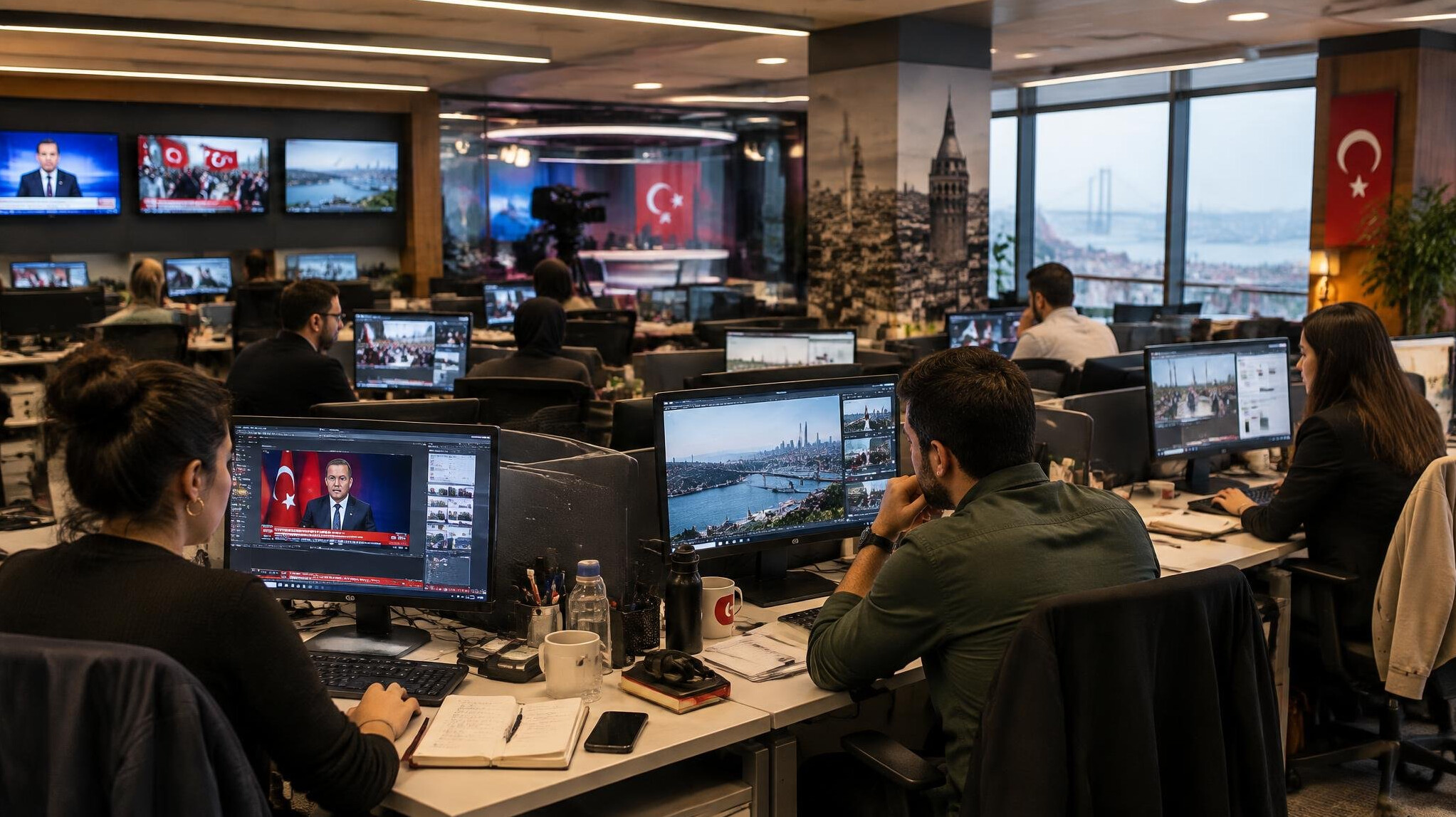 Journalists working at desks in a busy newsroom