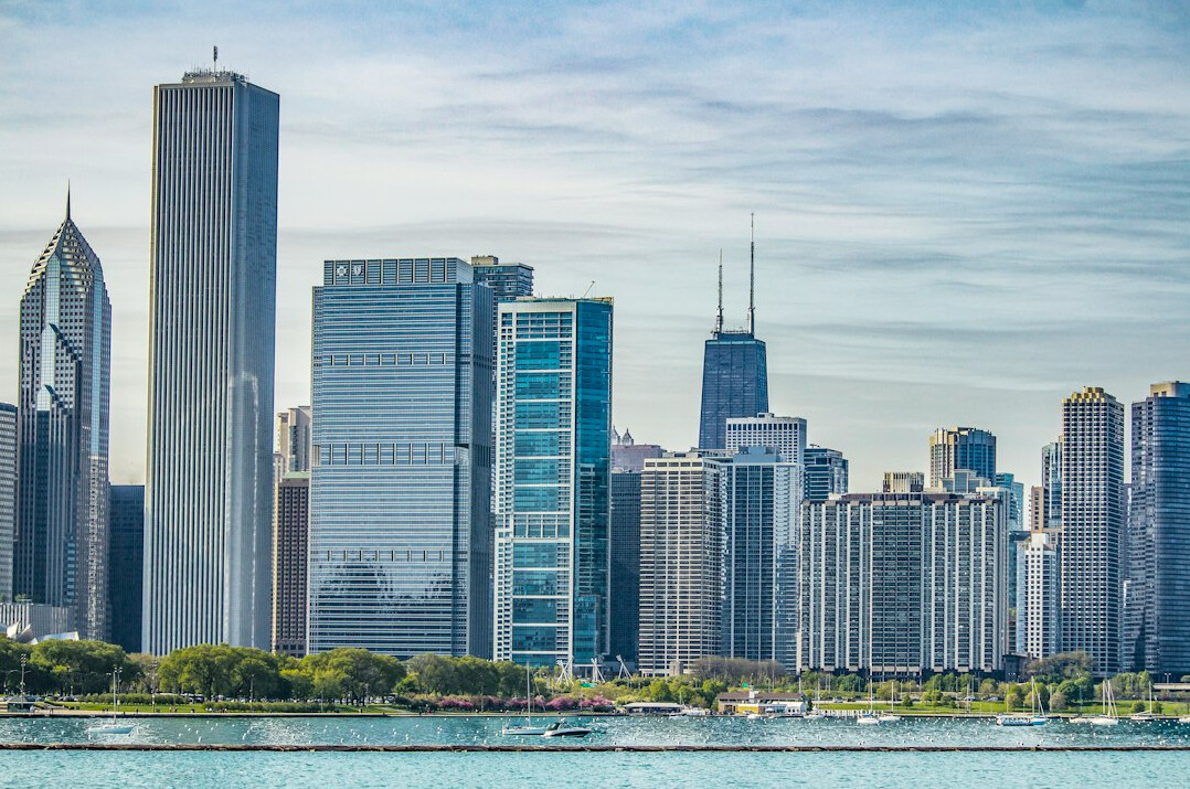 Modern city financial district skyline with skyscrapers
